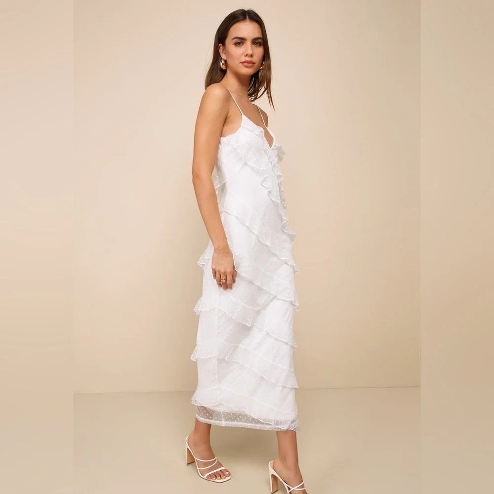 LULU’S More Than Gorgeous White Mesh Ruffled Swiss Dot Midi Dress - Picture 2 of 6